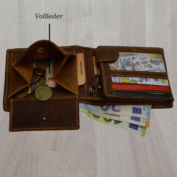 flevado Jäger Geldbeutel mit RFID Schutz Leder Geldbörse Portemonnaie mit Hirsch Druck Querformat mit RFID Schutz